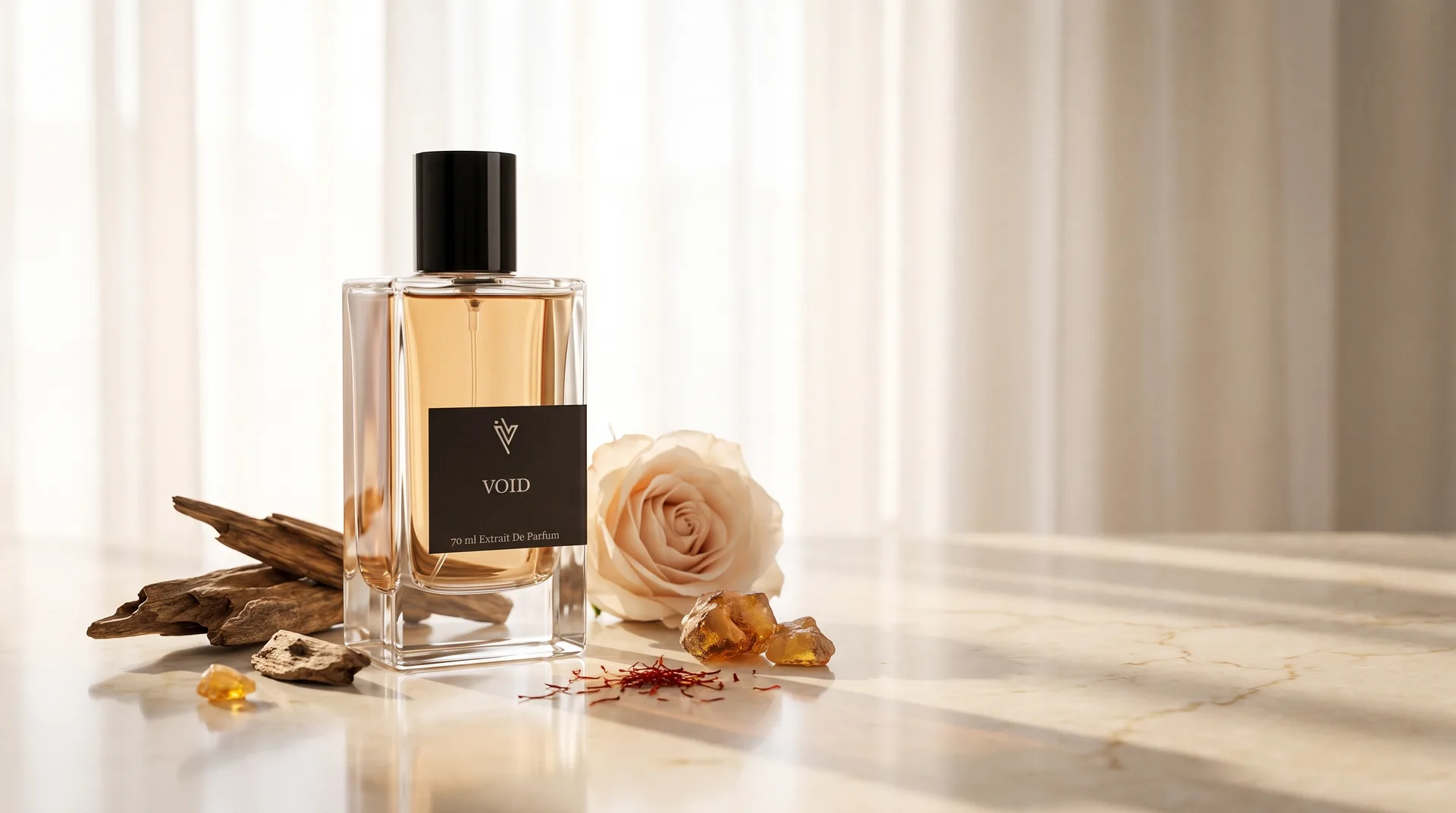 IVPERFUME signature flacon with oud wood, rose, amber and saffron in soft Abu Dhabi daylight
